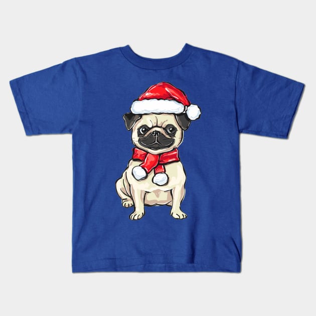 Funny Christmas pug dog in Santa hat Kids T-Shirt by amramna